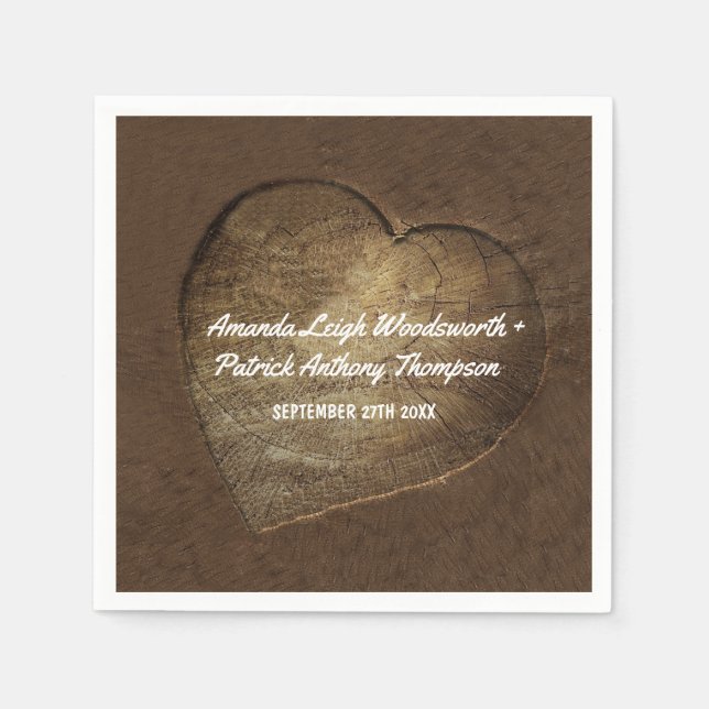 Rustic Carved Heart Oak Tree Slice Wedding Napkins (Front)