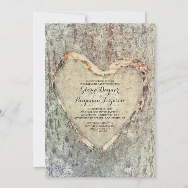 rustic carved heart tree vintage engagement party invitation (Front)