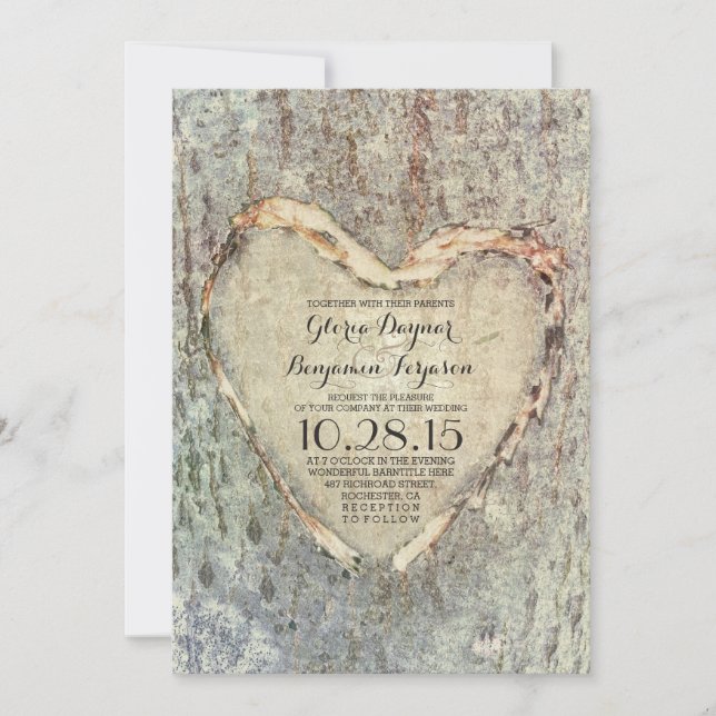 rustic carved heart tree vintage wedding invitation (Front)