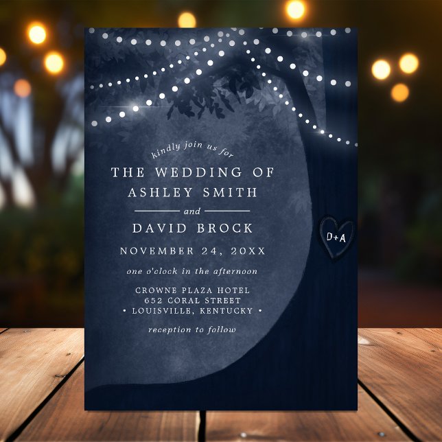 Rustic Carved Tree String Light Navy Blue Wedding Invitation (Creator Uploaded)