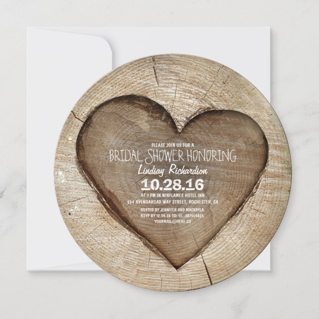 Rustic carved tree wood heart bridal shower invitation (Front)