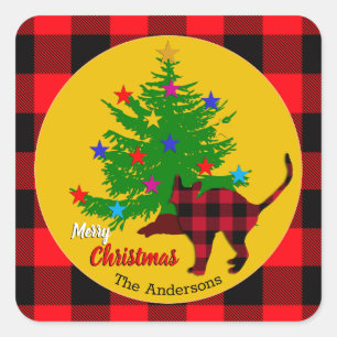 Rustic Cat, Christmas Tree, Family name, Red plaid Square Sticker