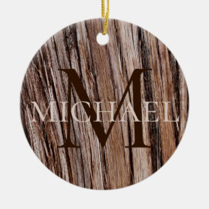 Rustic cedar bark nature tree outdoors monogram ceramic ornament