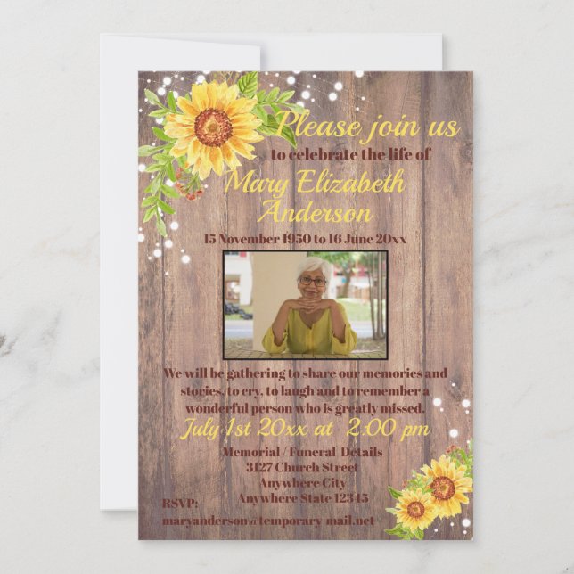Rustic Celebration of Life Funeral Floral Photo Invitation (Front)