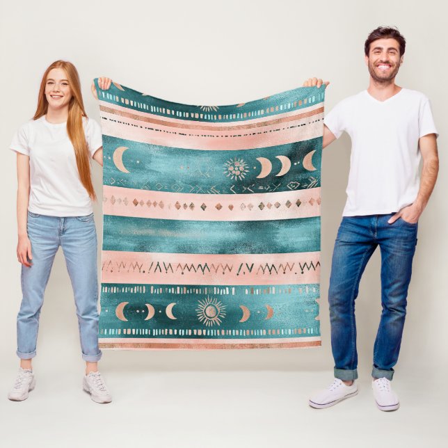 Rustic Celestial Stripe Moon Sun Earthy Fleece Blanket (In Situ)