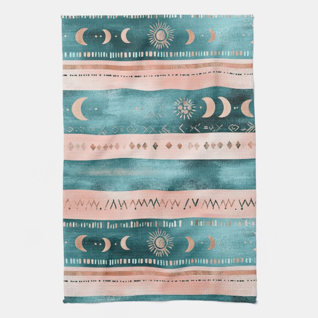 Rustic Celestial Stripe Moon Sun Earthy Kitchen Towel (Vertical)