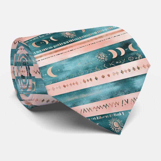 Rustic Celestial Stripe Moon Sun Earthy Tie (Rolled)