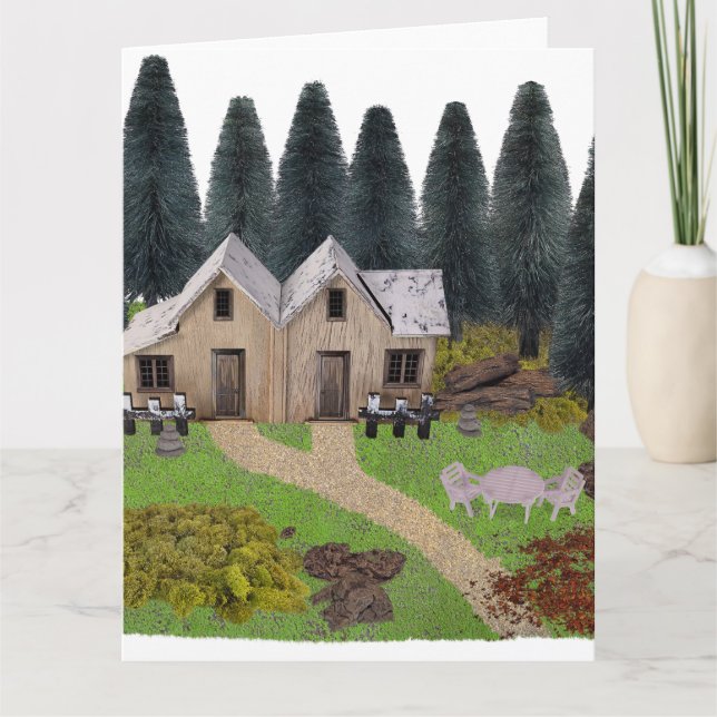 Rustic chalet for summer camping in the forest card (Front)