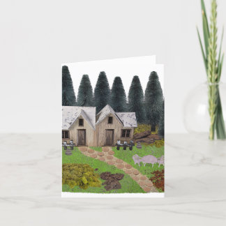 Rustic chalet with stepping stones for summer camp holiday card