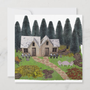 Rustic chalet with stepping stones for summer camp holiday card