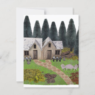 Rustic chalet with stepping stones for summer camp postcard