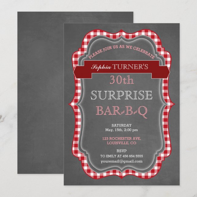 Rustic Chalk En vichy Surprise Invitation BBQ Anni (Devant / Derrière)