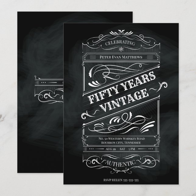 Rustic Chalkboard 50th Birthday Man Vintage Invitation (Front/Back)