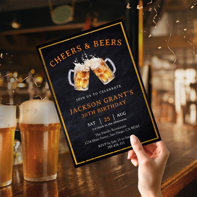 Rustic Chalkboard Any Age Cheers & Beers Birthday Invitation (Chic Navy Blue Beer Label Brewery Theme Birthday Invitation)
