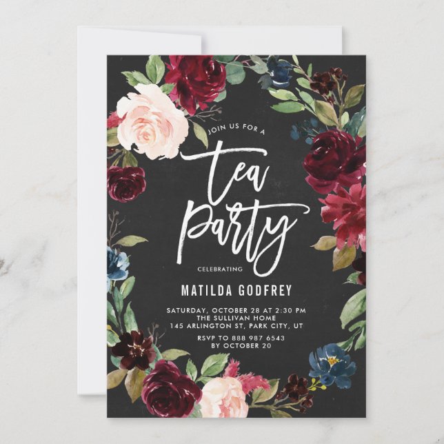 Rustic Chalkboard Autumn Floral Frame Tea Party Invitation (Front)