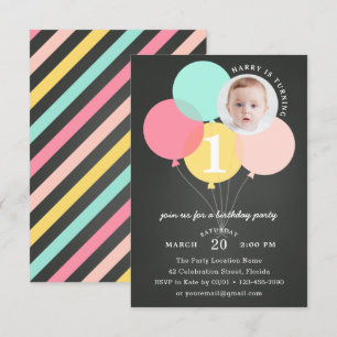 Rustic Chalkboard Balloon First 1st Photo Birthday Invitation