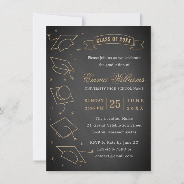 Rustic Chalkboard Black and Gold Graduation Party Invitation (Front)