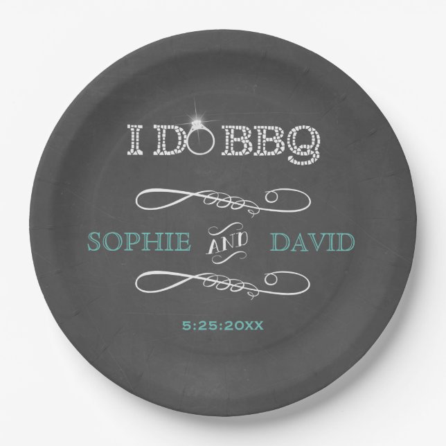 Rustic Chalkboard Burlap I DO BBQ Engagement Party Paper Plate (Front)
