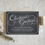 Rustic Chalkboard Calligraphy Christmas Party Invitation<br><div class="desc">Join us for some holiday cheer! It's guests to your Christmas party invitation with this customizable holiday invitation. it features "Christmas Greetings" whimsical script typography on faux chalkboard background. Personalize by adding your event details. This rustic chalkboard Christmas party invitation is available in other cardstock and colour.</div>