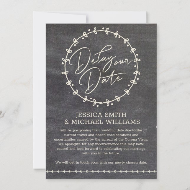Rustic Chalkboard Corona Virus Delay The Date Card (Front)