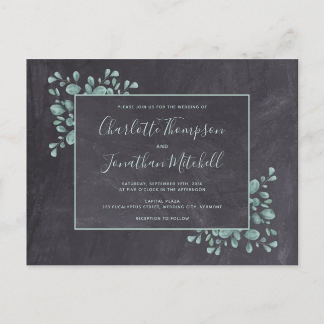 Rustic Chalkboard Eucalyptus Leaves Greenery Save Invitation Postcard (Front)