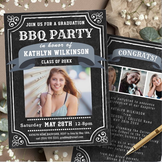 Rustic Chalkboard Graduation BBQ Party 4 Photo Invitation (Creator Uploaded)