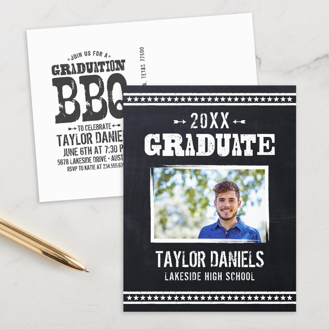 Rustic Chalkboard Graduation Photo BBQ Invitation Postcard (Creator Uploaded)