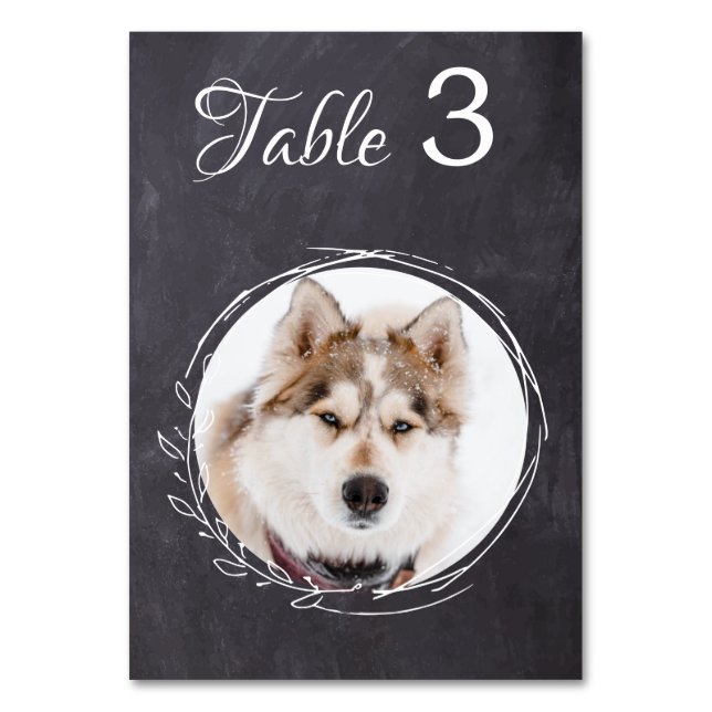 Rustic Chalkboard Greenery Wedding Pet Photo  Table Number (Front)