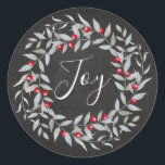 Rustic Chalkboard Joy | Christmas Happy Holidays Classic Round Sticker<br><div class="desc">Rustic country xmas stickers featuring a chalkboard background,  the word "joy" in an handwritten calligraphy font,  and a festive green and red berry christmas wreath.</div>