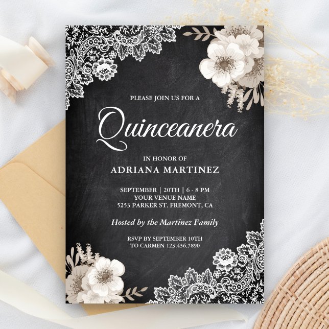 Rustic Chalkboard Lace Ivory Floral Quinceanera Invitation (Creator Uploaded)