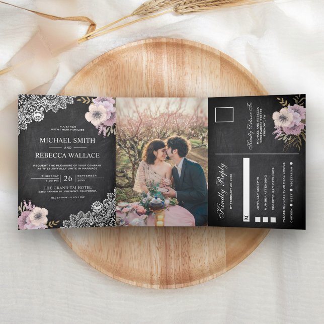 Rustic Chalkboard Lace Pink Floral Wedding Photo Tri-Fold Invitation (Creator Uploaded)