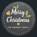 Rustic Chalkboard Merry Christmas Classic Round Sticker<br><div class="desc">Merry Christmas stickers to personalize with family name. A rustic chalkboard background with holly berries and gold hearts makes the Christmas greetings sticker seals unique.</div>