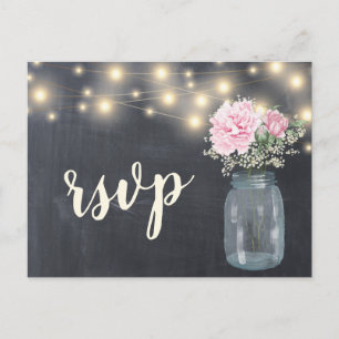 Rustic Chalkboard Peony Floral Mason Jar RSVP Invitation Postcard