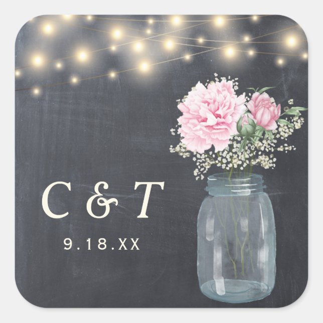 Rustic Chalkboard Peony Floral Mason Jar | Square Sticker (Front)