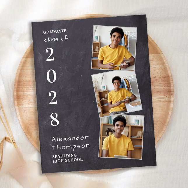 Rustic Chalkboard Personalized 3 Photo Graduation Invitation Postcard (Creator Uploaded)