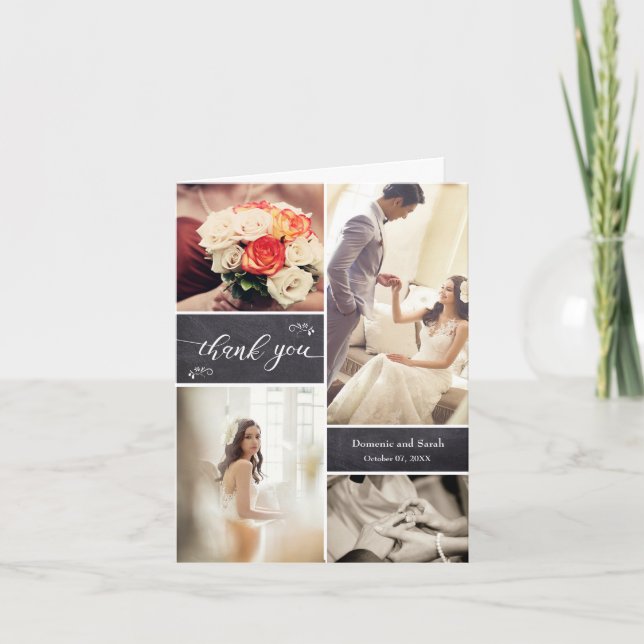 Rustic Chalkboard Photo Collage Wedding Thank You Card (Front)