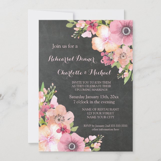 Rustic Chalkboard Pink Floral Rehearsal Dinner Invitation (Front)