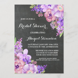 Rustic Chalkboard Purple Flowers Bridal Shower Invitation