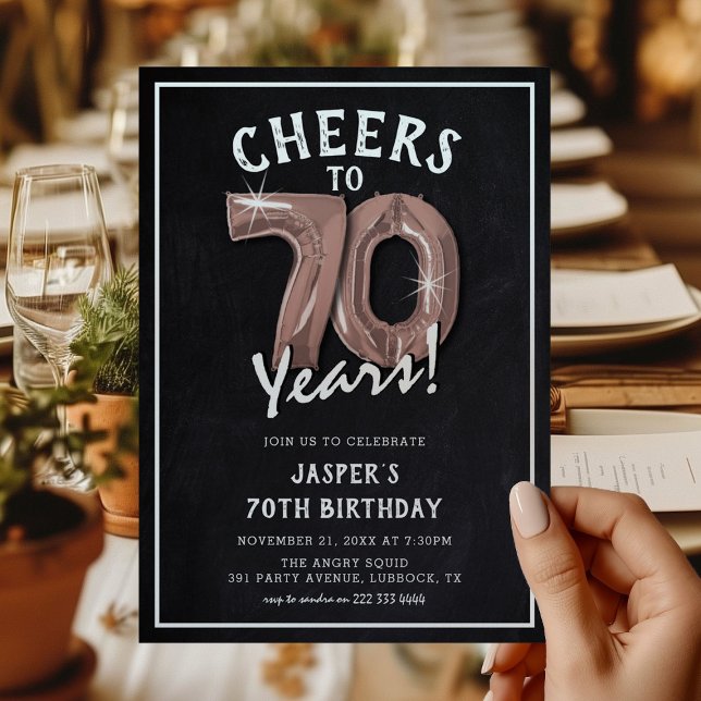 Rustic Chalkboard Rose Gold Balloons 70th Birthday Invitation (Creator Uploaded)