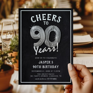 Rustic Chalkboard Silver Balloons 90th Birthday Invitation