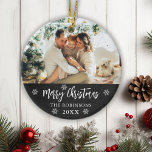 Rustic Chalkboard Snowflake Photo Merry Christmas  Ceramic Ornament<br><div class="desc">Rustic Chalkboard Snowflakes Hand Lettered Script "Merry Christmas" Family Photo Ornament. Features a family photo,  a Merry Christmas text which is written in handwritten calligraphy script,  snowflakes and year on black chalkboard or blackboard colour background. Easy to personalize it.</div>