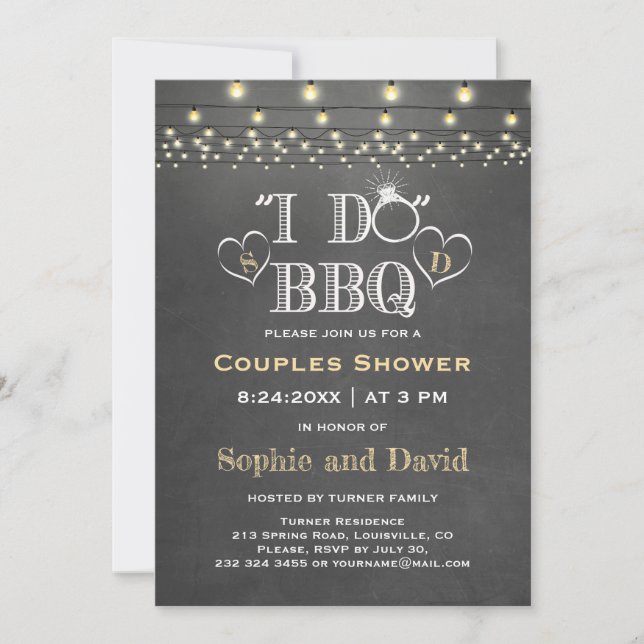 Rustic Chalkboard  String Lights I DO BBQ Invitation (Front)