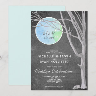 Rustic Chalkboard Tree and Moon Wedding Invitation