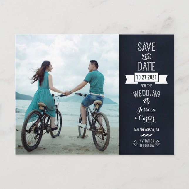 Rustic Chalkboard Typography Photo Save the Date Announcement Postcard (Front)