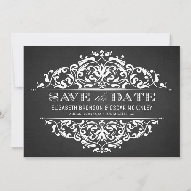 Rustic Chalkboard Vintage Flourish Frame Save The Date (Front)