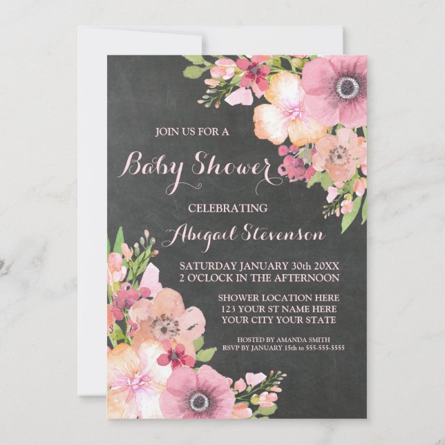Rustic Chalkboard Watercolor Flowers Baby Shower Invitation (Back)