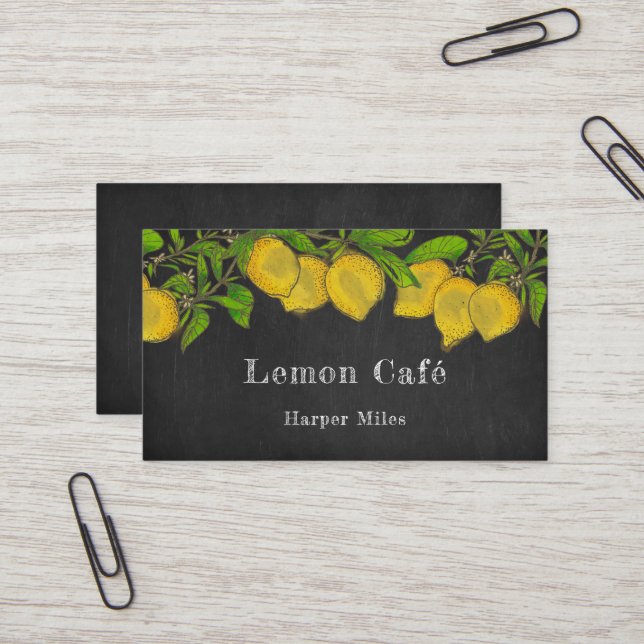 Rustic chalkboard watercolor lemons business card (Front/Back In Situ)