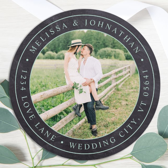 Rustic Chalkboard Wedding Photo Return Address Classic Round Sticker (Creator Uploaded)