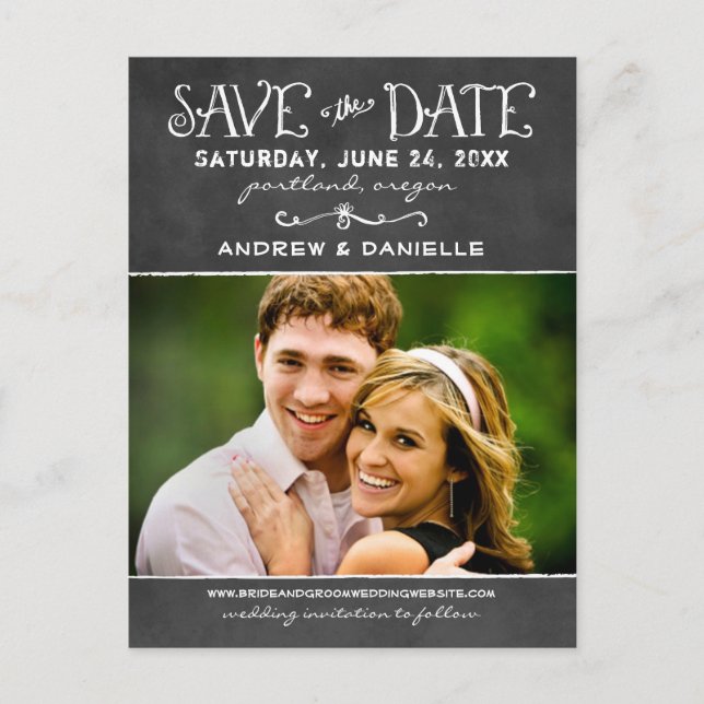 Rustic Chalkboard Wedding Photo Save the Date Announcement Postcard (Front)