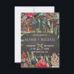 Rustic Chalkboard Winter Floral Christmas Wedding Save The Date<br><div class="desc">Rustic elegant winter wedding stylish save the date template card on dark grey charcoal chalkboard featuring watercolor red and green flowers, winter botanicals, pine cones, and foliage. Personalize with your details! The invitation is suitable for elegant winter rustic country | mountains resort or cottage | floral farmhouse style | December...</div>